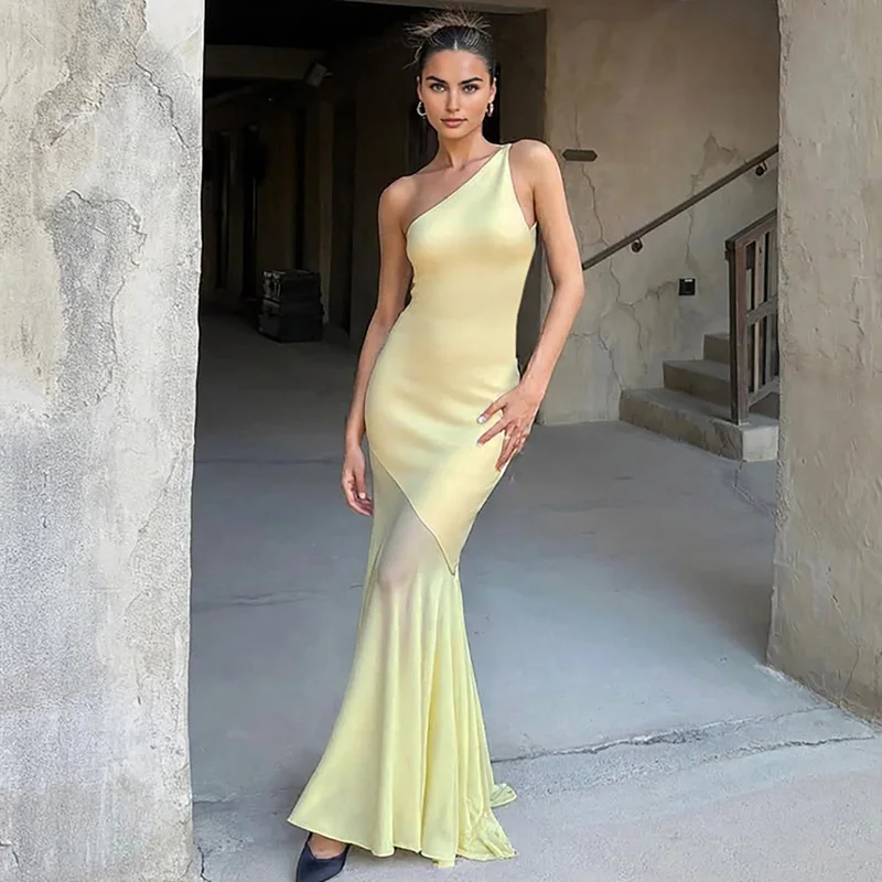 

Tornova Mesh Splice Maxi Evening Dress Female Slanted Shoulders Lace Up Slim Dress Elegant Sleeveless Long Dress Women's Fashion