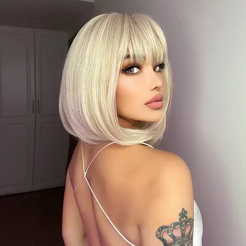 HAIRJOY ​​włosy syntetyczne blond Bob krótka peruka z grzywką dla kobiet codzienne peruki imprezowe