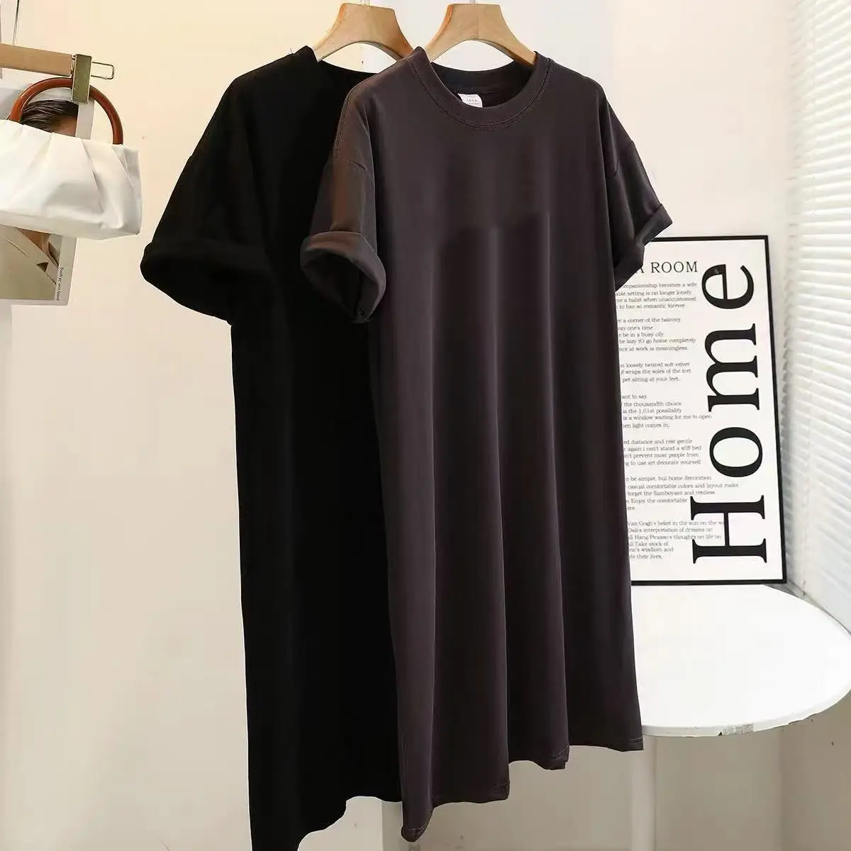 Loose Mid-Length T-Shirt Skirt with Slit Short Sleeve Korean Style Design Summer Outerwear for Women Straight Tube Dress