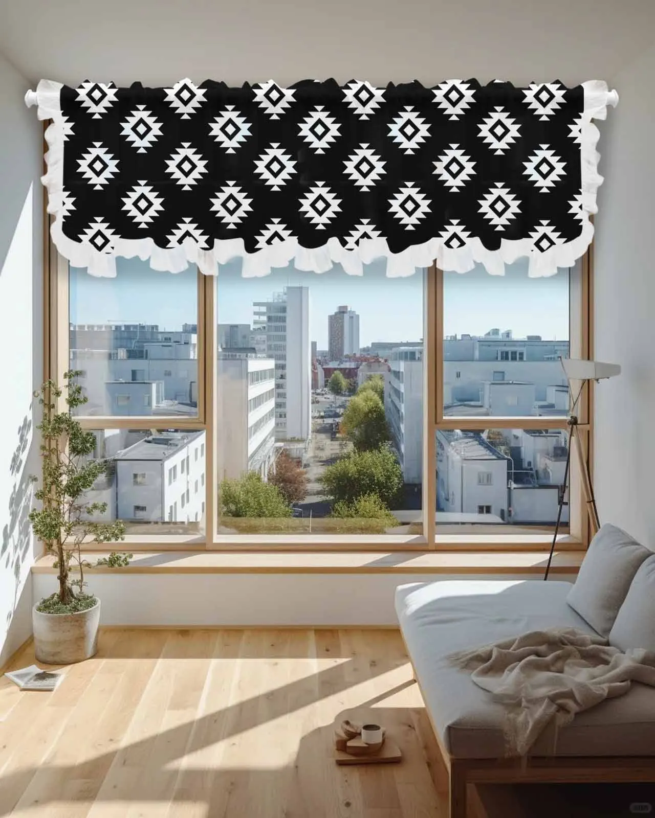 Boêmio Sheer Valance cortinas, Curto Tulle meia cortinas, Textura asteca, Preto, Sala de estar, Porta da cozinha, Café, Janela