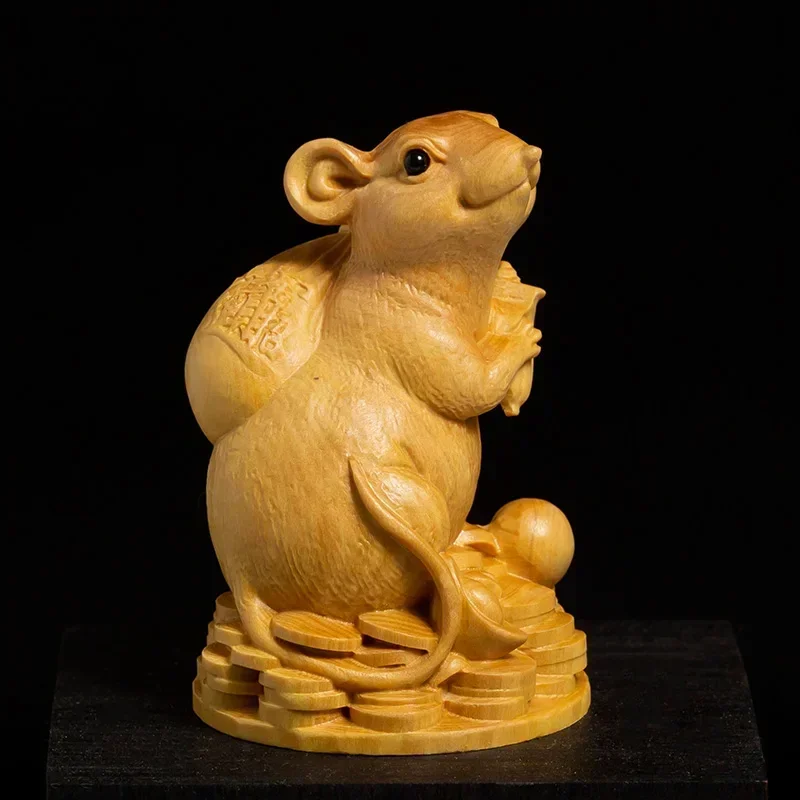 Boxwood Statue Rich Rat Zodiac Lucky Feng Shui Living Room Decorative Wood Carving Crafts Gilding Sculpture Home Decor