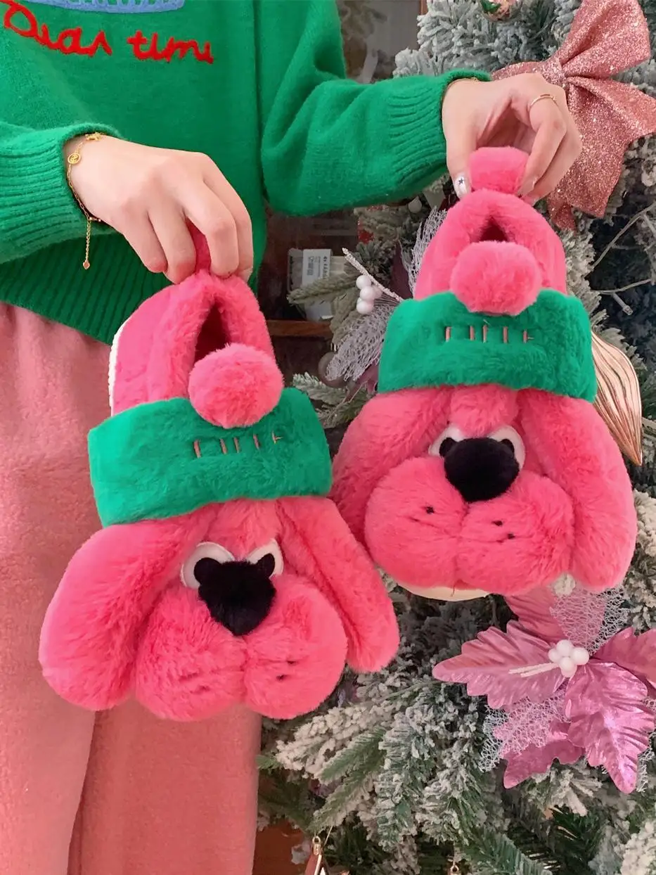 

Delicate And Creative Rose Red Dog Cotton Slippers For Women's Winter Home Slippers Warmth And Anti Slip Woolen Shoes Indoor