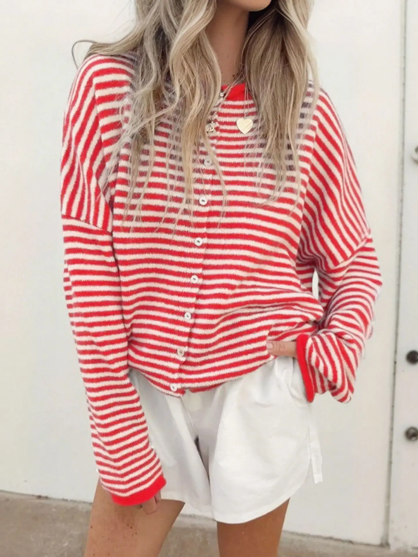 

Loose Casual Fashionable Autumn Winter Sweater Loose Stripes Fashion Pullover Knitted Round Neck Urging Single-breasted Cardigan