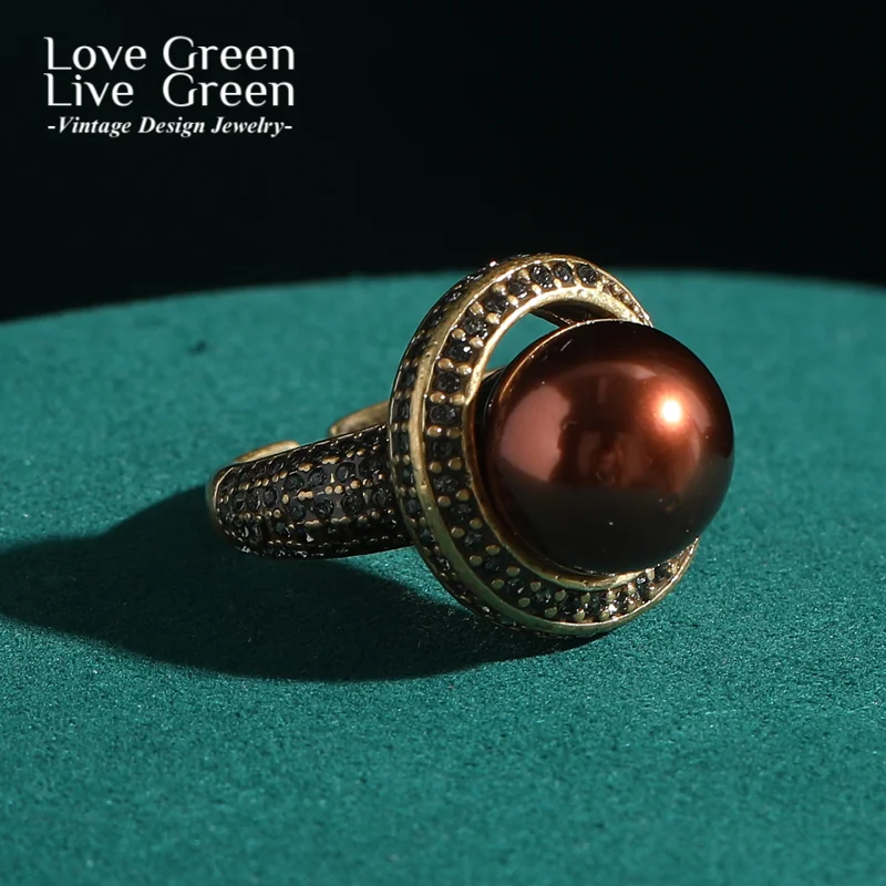 

Luxury Vintage Red Copper Brown Pearl Rings for Women Black Rhinestones Antique Retro Accessories Wedding Geometric New