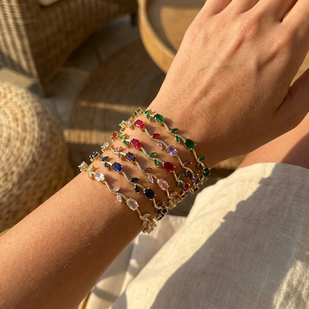 Tulip Spliced Copper Cubic Zirconia Bracelet for Women Dainty Floral Link Chain Jewelry Gift Gold Tone Stackable Wristband