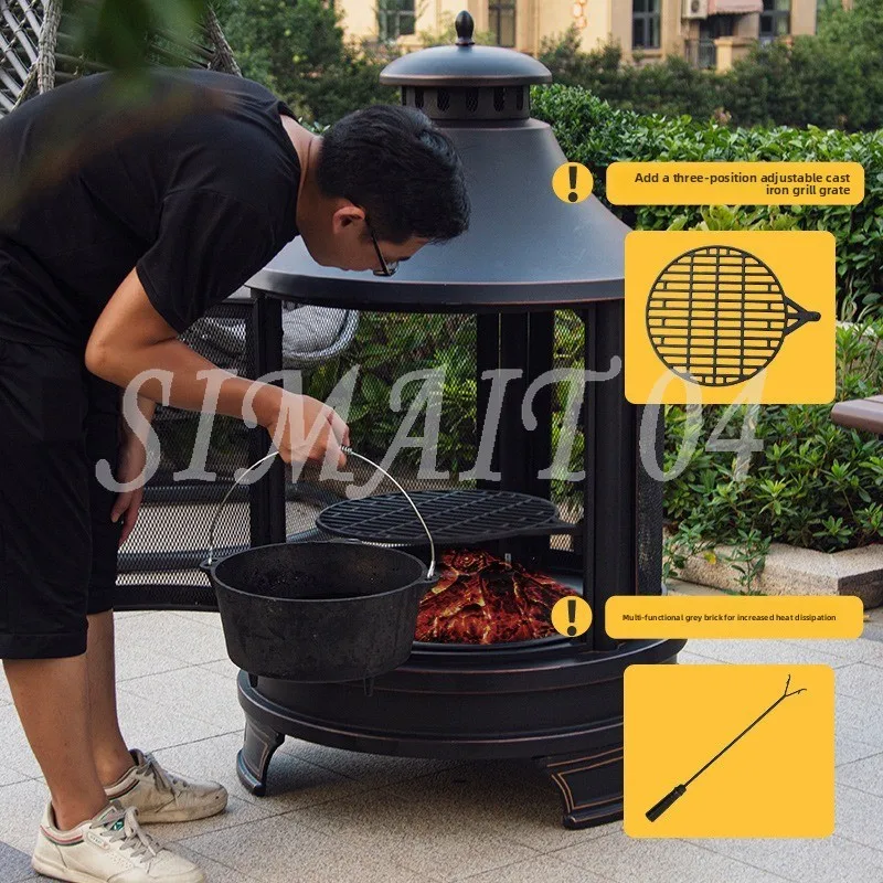 Retro Wood‑Burning Fire Pit, Outdoor Portable Campfire Stove Heating Grill for Garden Patio Backyard Yard