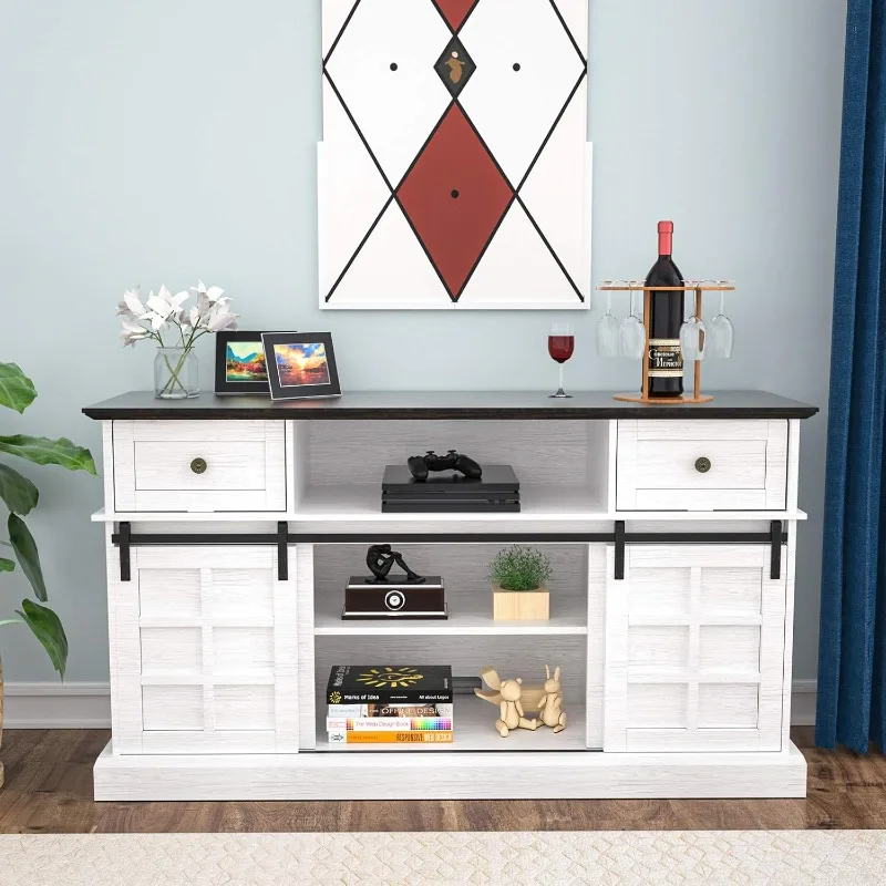 TV Stand for 65 inch TV, White Entertainment Center, Farmhouse TV Stands with Sliding Barn Door