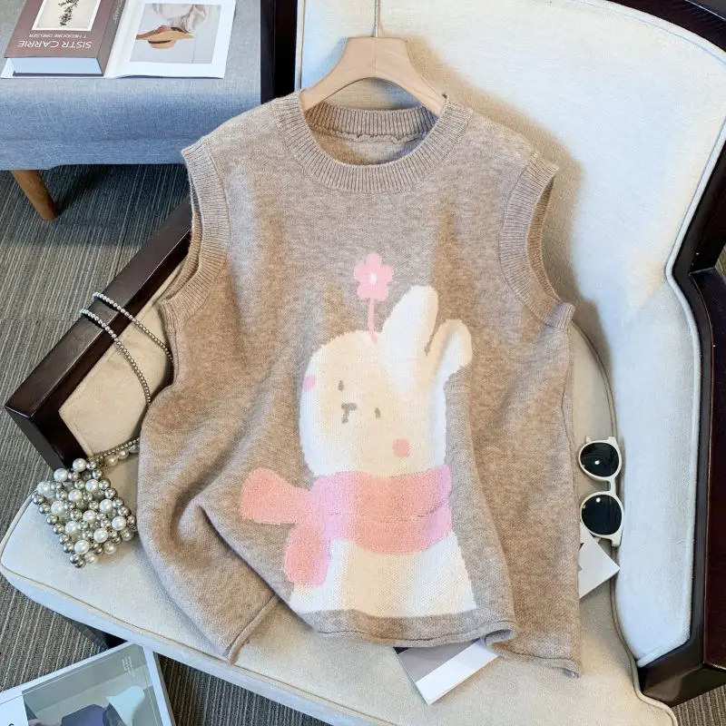 

Вязаный жилет с милым маленьким цветочным кроликом и круглым вырезом, женский свитер в студенческом стиле, жилет без рукавов, топ