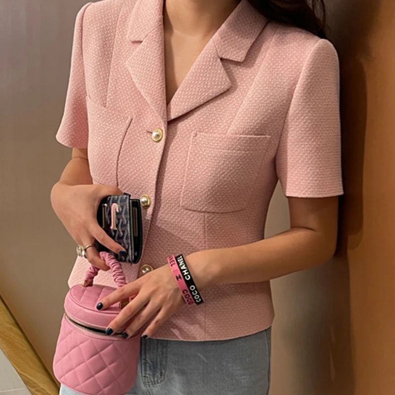 Korean Chic Summer Loose Fit Short Sleeve Suit Jacket Casual Versatile Wool Blend Coat Single Button Closure Women's Fashion