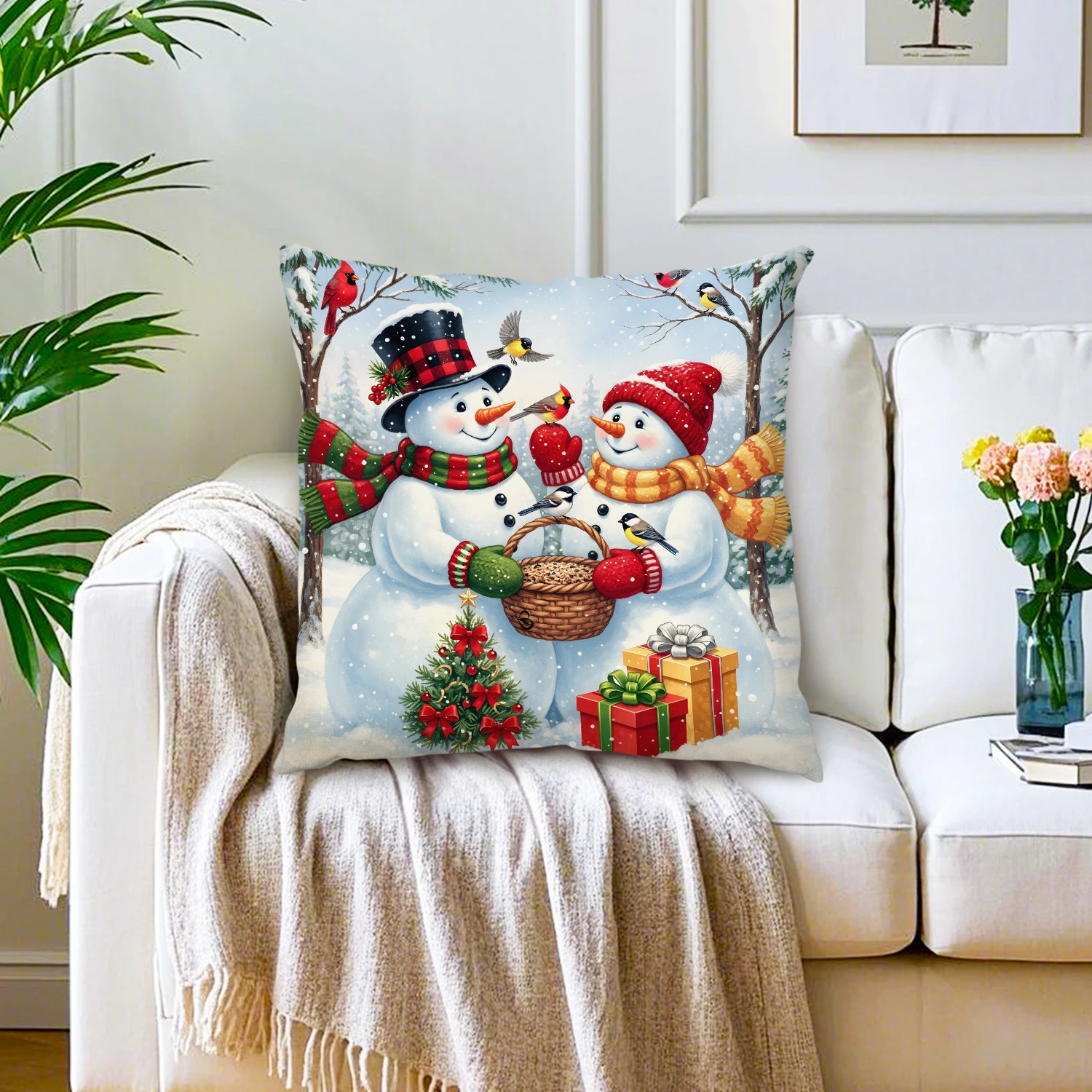 Christmas Snowman Pillow Cover Cardinal Bird Winter Forest Tree Gift Linen Cushion Case Woodland Holiday Sofa Bedroom Home Decor