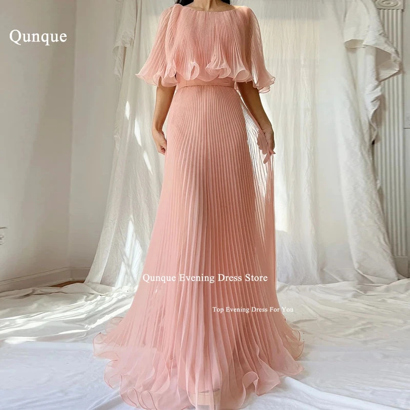 

Qunque Sexy Blush Pink Evening Dress Luxury Pleat Women's Party Dress Birthday Celebration Gowns With Cape Vestidos De Festa