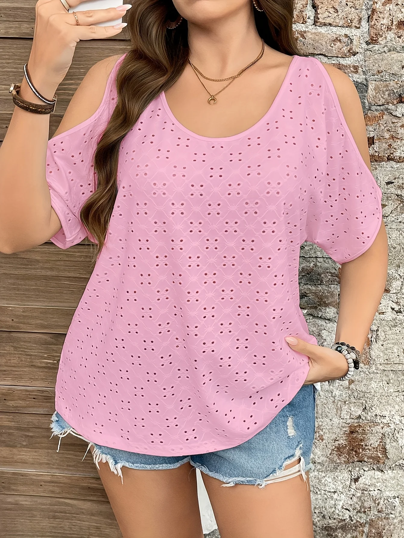 Plus Size Women Eyelet Hollow Out Cold Shoulder Top, Stretch Short Sleeve Casual Ladies Blouse