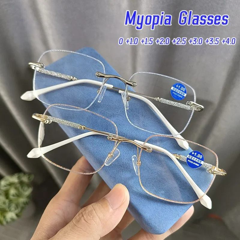 

Fashion Square Myopia Glasses Women's Blue Light Blocking Eyewear Rimless Diamond Short-sighted Unisex Eyeglasses with Diopters