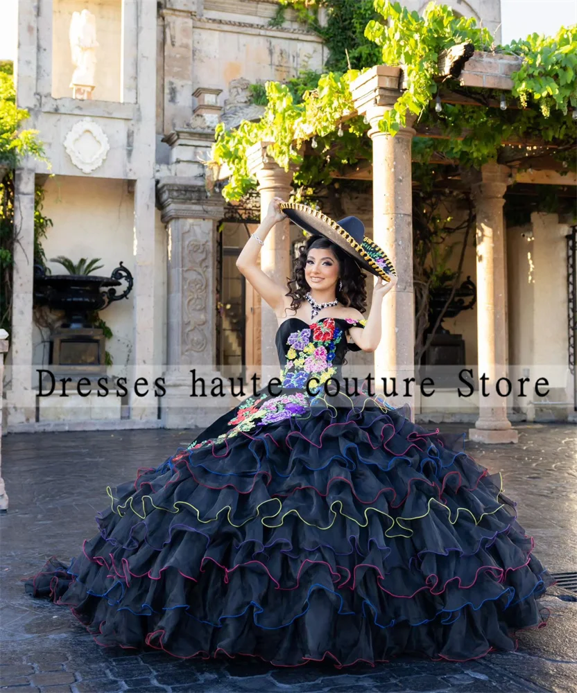 Mexico Black Tulle Quinceanera Dresses 2024 Sweet 16 Dress Flowers Embroidery  Sweet 16 Birthday Party Dress Vestidos De 15 Años