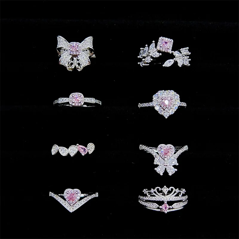 خواتم على شكل فيونكة من الماس بالكامل على الطراز الحلو للنساء من الفضة الطازجة والرائعة عيار 925 مرصعة بالأحجار الكريمة الوردية مجوهرات الخطوبة والزفاف