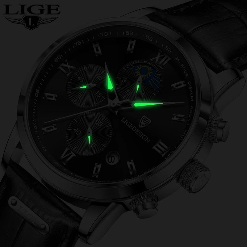 LIGE Men Date Clock Watches Male Chronograph Watch for Men Business Fashion Watch Man Top Brand Luxury Leather Quartz Wristwatch