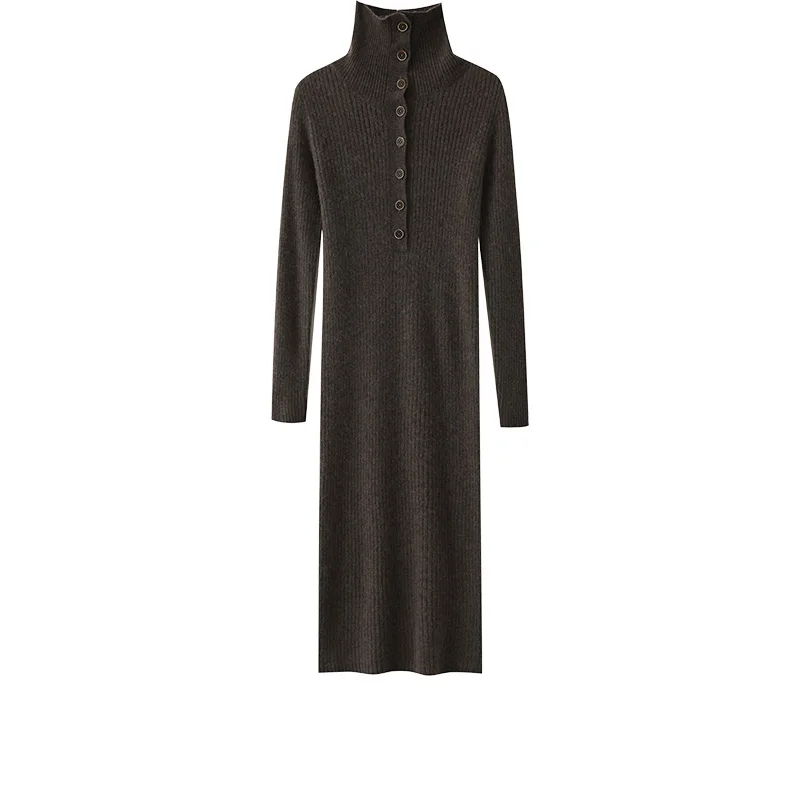 

Woman clothes Autumn Winter Button Down Collar Long Dresses Soft Warm Pullover Sweater 100% Merino Wool Knitwear Retro Grace