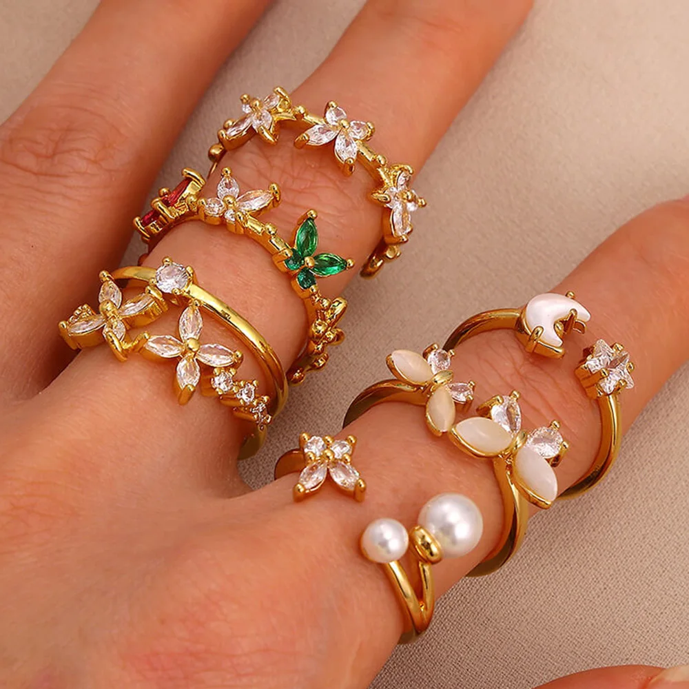 Dainty Zircon Butterfly Open Ring For Women Party Elegant Gold Color Multiple Butterflies Animal Anillos Stainless Steel Jewelry
