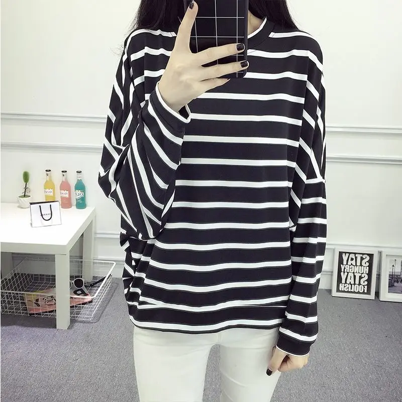 Street Casual Striped Loose T Shirts Spring New O-Neck Long Sleeve Plus Size Youth Office Tops Vintage Casual Women Clothing