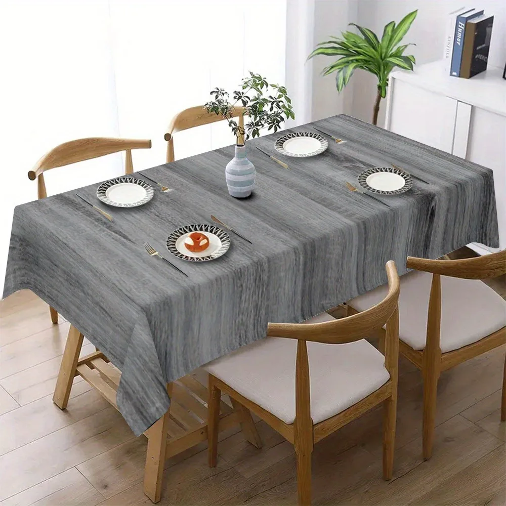 Square wood-grain pattern grey polyester tablecloth, machine-washable fabric, suitable for indoor use