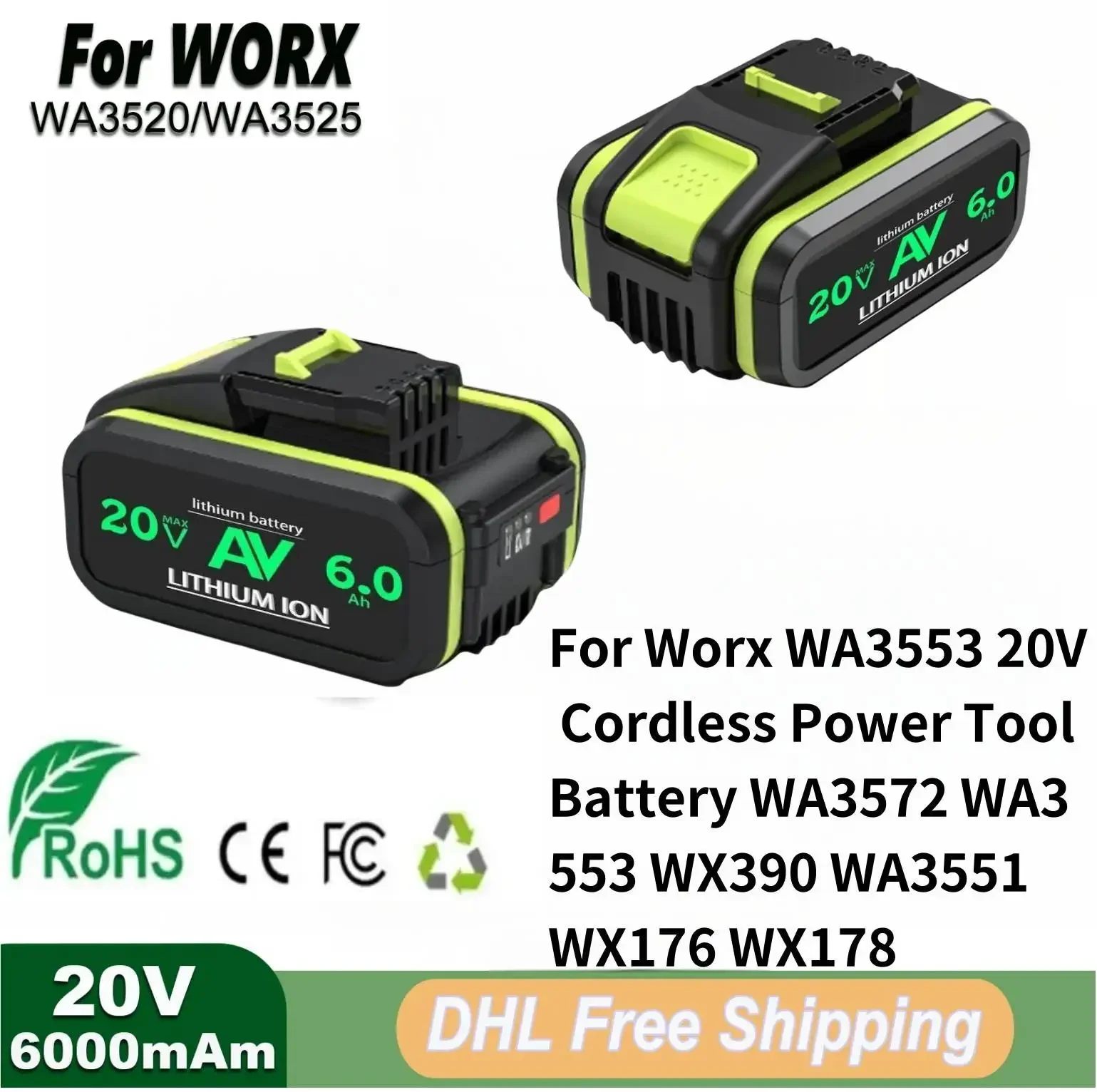 

20V 6000mAh Battery For Worx WA3553 20V Cordless Power Tool Battery WA3572 WA3553 WX390 WA3551 WX176 WX178 Spare Batteriies