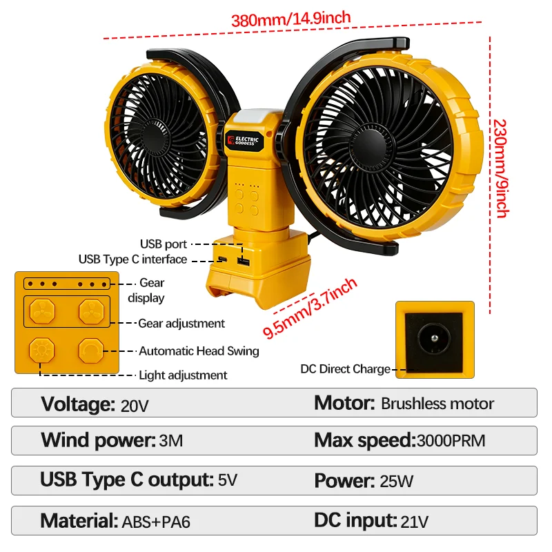Electric Goddess 6 Inch Fan 3 Speed Adjustable Outdoor Camping Fan Table Portable Air Circulators For Dewalt 20V Battery Pins