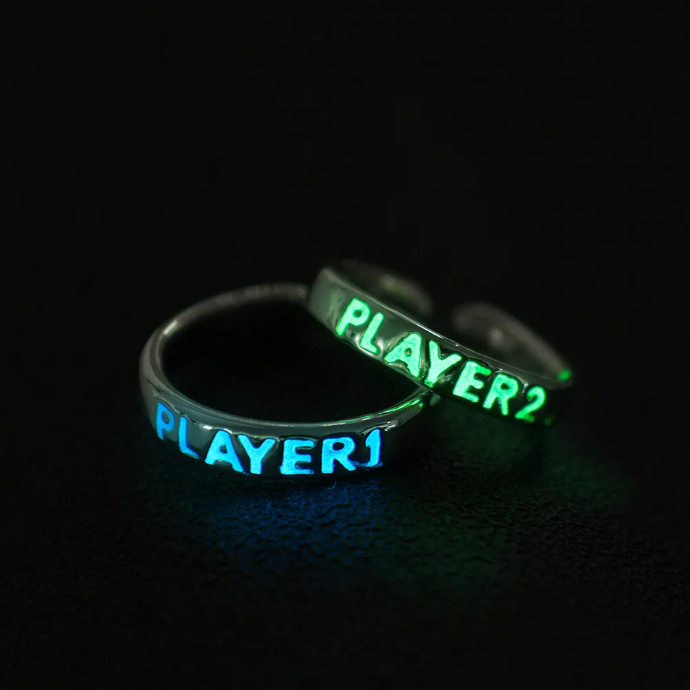 Luminous Couple Rings Glowing in the Dark Player 1 Player 2 Matching Ring for Girlfriend Boyfriend Valentine's Day Gaming Gifts