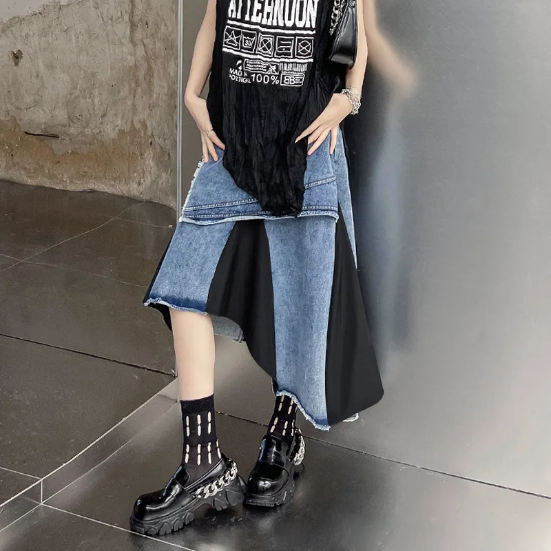 Women's Asymmetric Contrast Color Fringed Pleated Skirt Loose A-line Polyester Denim Blend Casual Vintage Stylish Summer Black