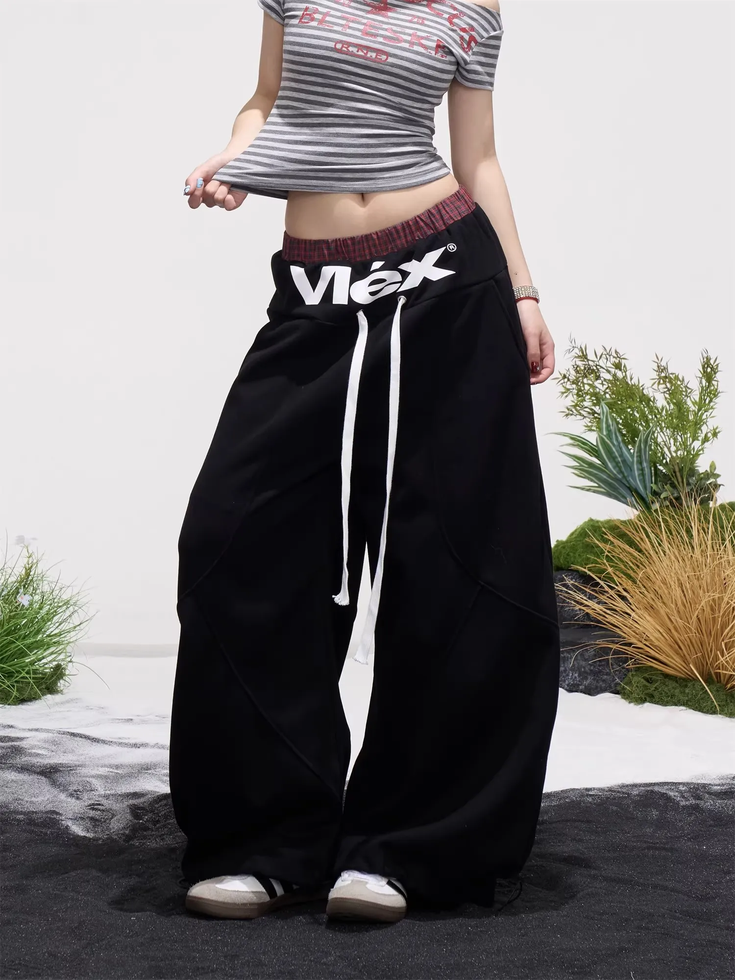 

American Street Style Lightweight Wide Leg Pants Women's Spring Autumn Trendy Loose Dance Casual Trousers Splice Double Waist