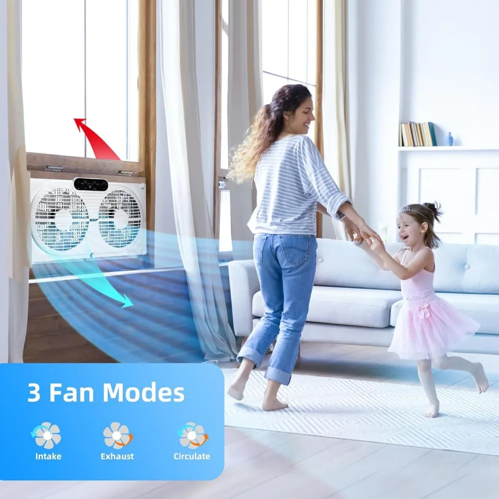 Twin Window Fan with Reversible Airflow and Intruder Alarm, with Remote Control and 3 Speeds, for Home Bedroom