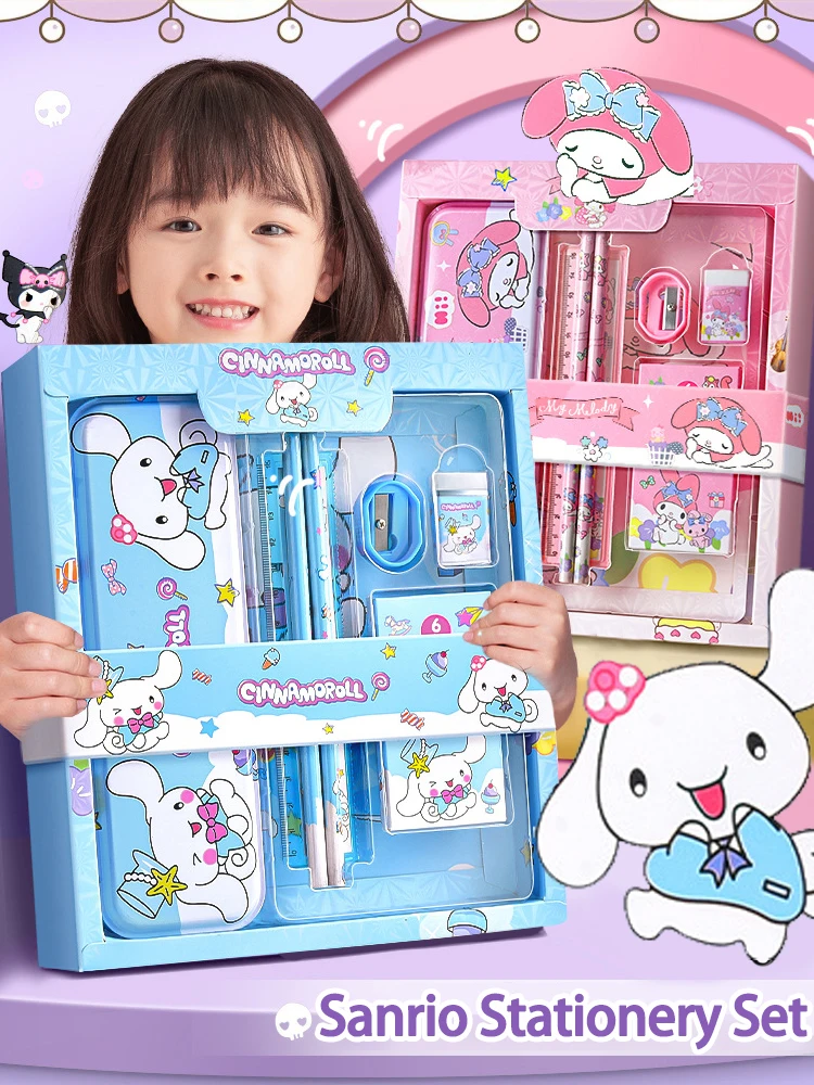 Sanrio-Juego de papelería de aprendizaje Cinnamoroll de dibujos animados, caja de regalo, juego de borrador de lápiz, paquete de regalo de papelería para niños, aprendizaje feliz