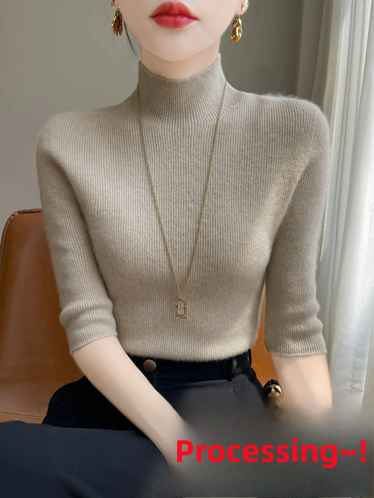 

Женская приталенная шерстяная трикотажная основа irt f Высокий воротник Five Sve mid Sve Осенняя трикотажная внутренняя одежда Повседневная мягкая полиэтилен...