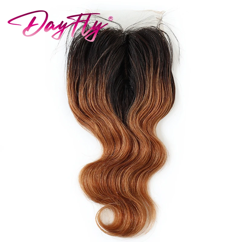 Brasileiro Curto Onda Do Corpo Encerramento Do Cabelo Humano, T Parte Lace Encerramento, Ombre, Transparente Metade, Feito À Mão, Fechamentos Apenas, 4x1, T1b30