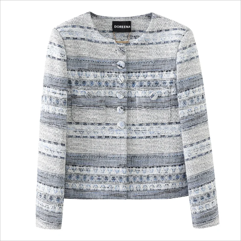 

Французское короткое пальто в полоску с небольшим ароматом, женское высококачественное милое твидовое офисное женское элегантное пальто с длинными рукавами