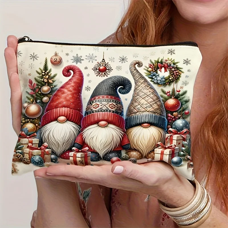 Christmas Gnome Cosmetic Bag Xmas Dwarf Gift Wreath Snowflake Zipper Makeup Pouch Travel Storage Purse Women Holiday Gift