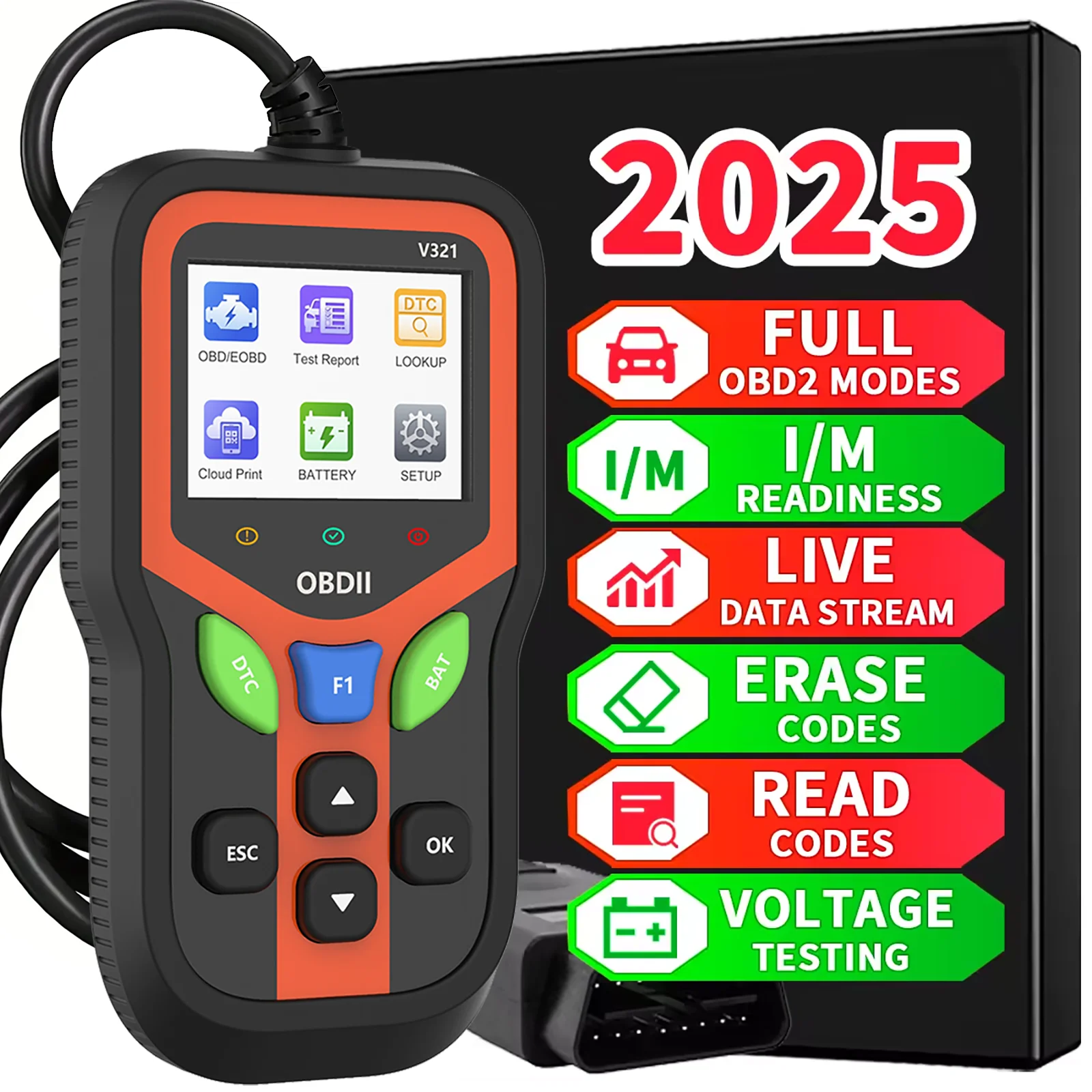 

Диагностический инструмент сканера OBD2 Считыватель кодов Сканер неисправностей с потоковой передачей данных в реальном времени Тестирование батареи и очистка кода