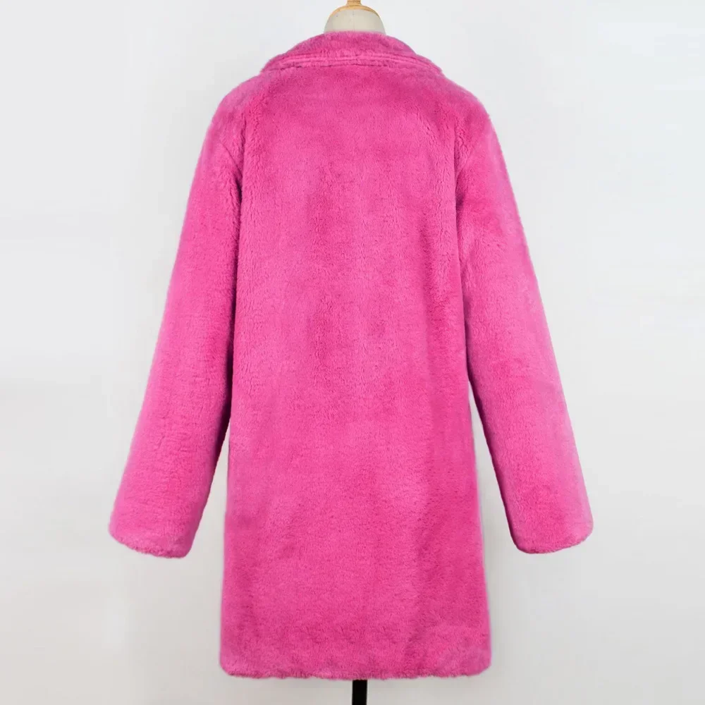 Rose Red Long Faux Fur Coat Jacket 2023 Women Autumn Winter Thick Warm Coats Woven Block Trend Fur Korean Coat Parkas