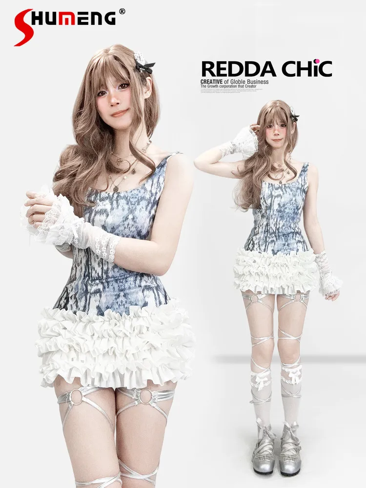 

Sexy Hot Girl Y2K Sequin Blue Sling Dresses Sweet Cool Sleeveless High Waist Slim Layered Cake Puffy Mini Dress for Women Summer