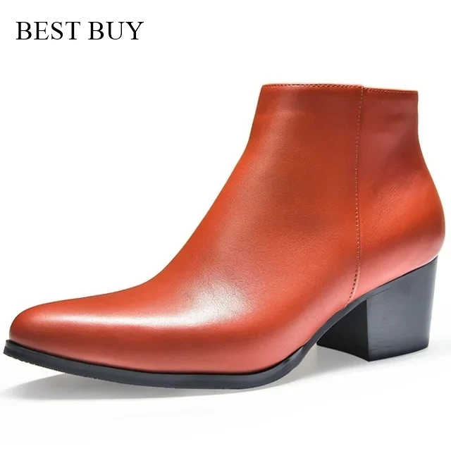 

6 Cm High Heels Men's Ankle Boots Luxury Genuine Leather 2024 Winter Warm Black White Wedding Party Social Boots Man Dress Shoes