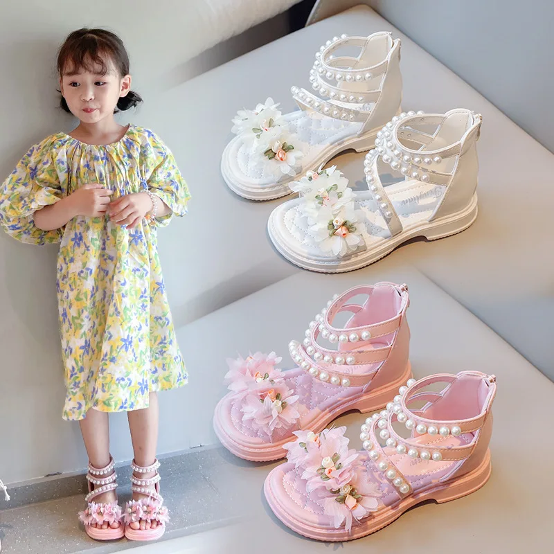 Girls\' Summer 2024 New Sandals Korean Version of Fashion Pearl Princess Shoes Big Children Style Everything with Flower Sandals