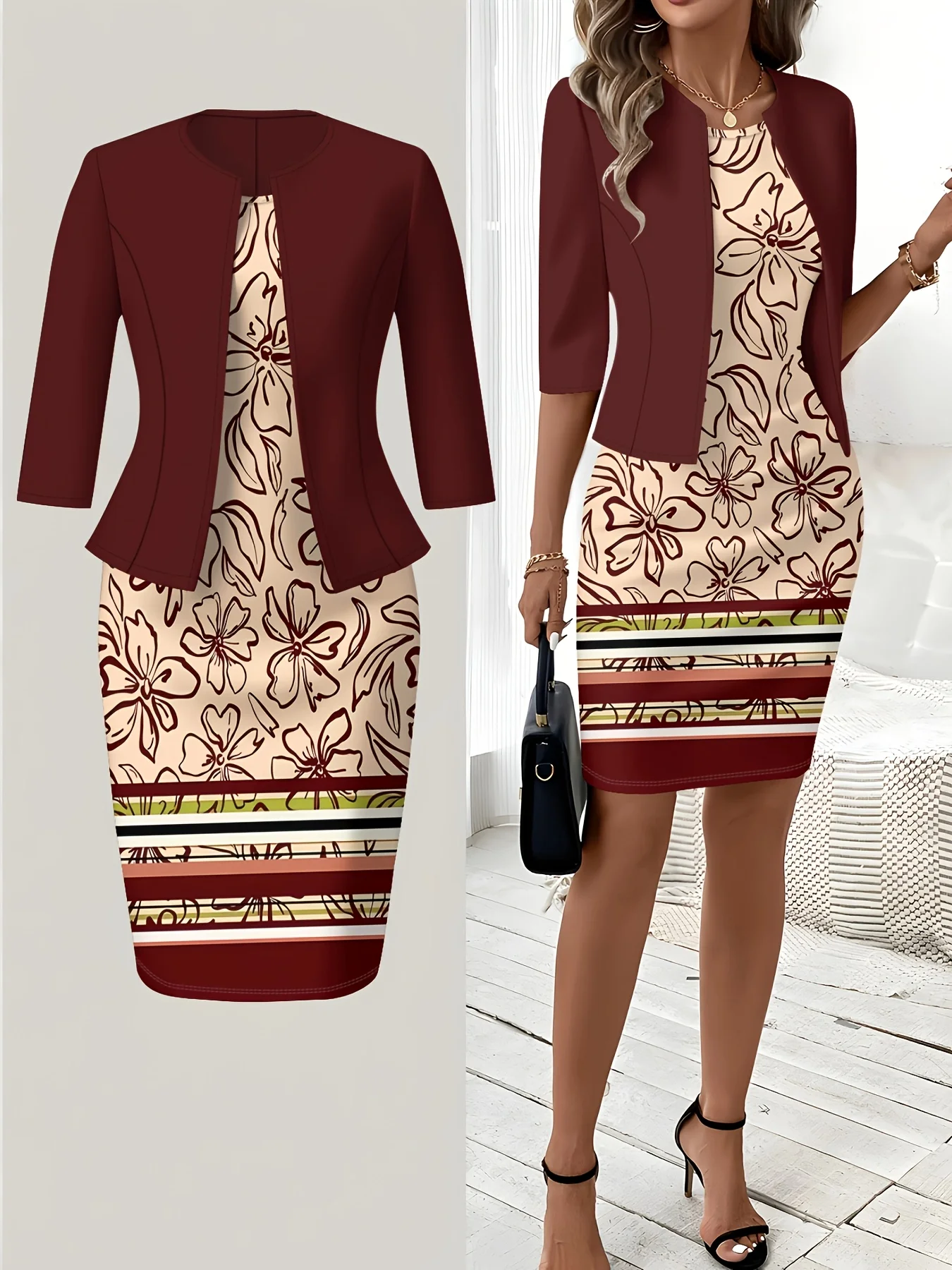 Print Design Casual Style Line Drawing Floral Horizontal Stripe Print Round Neck Sleeveless Dress Set