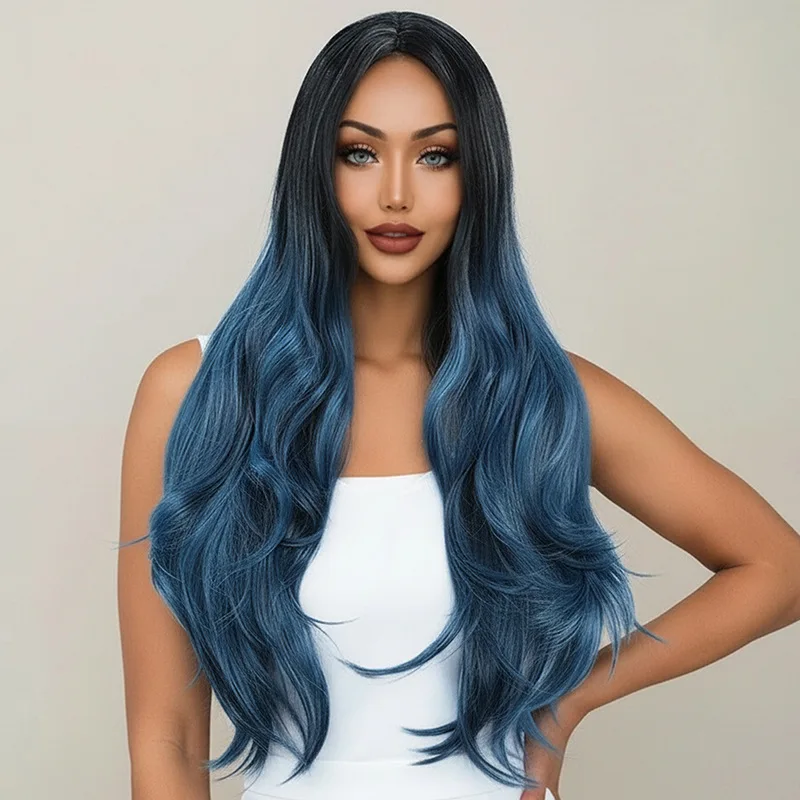 Ladies' black blue gradient medium split long curly hair, European and American high-temperature silk wig