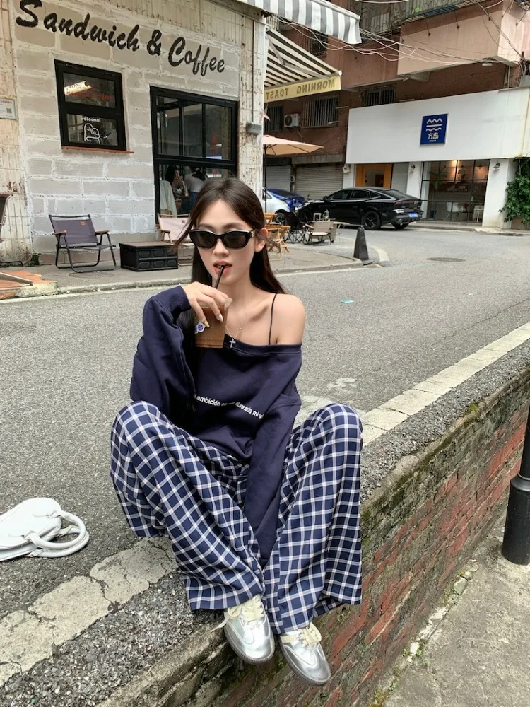 ADAgirl Navy Blue Skew Collar Sweatshirt Women Letter Print Oversized Streetwear Hoodie Wide Leg Plaid Pants Two Peice Sets Chic