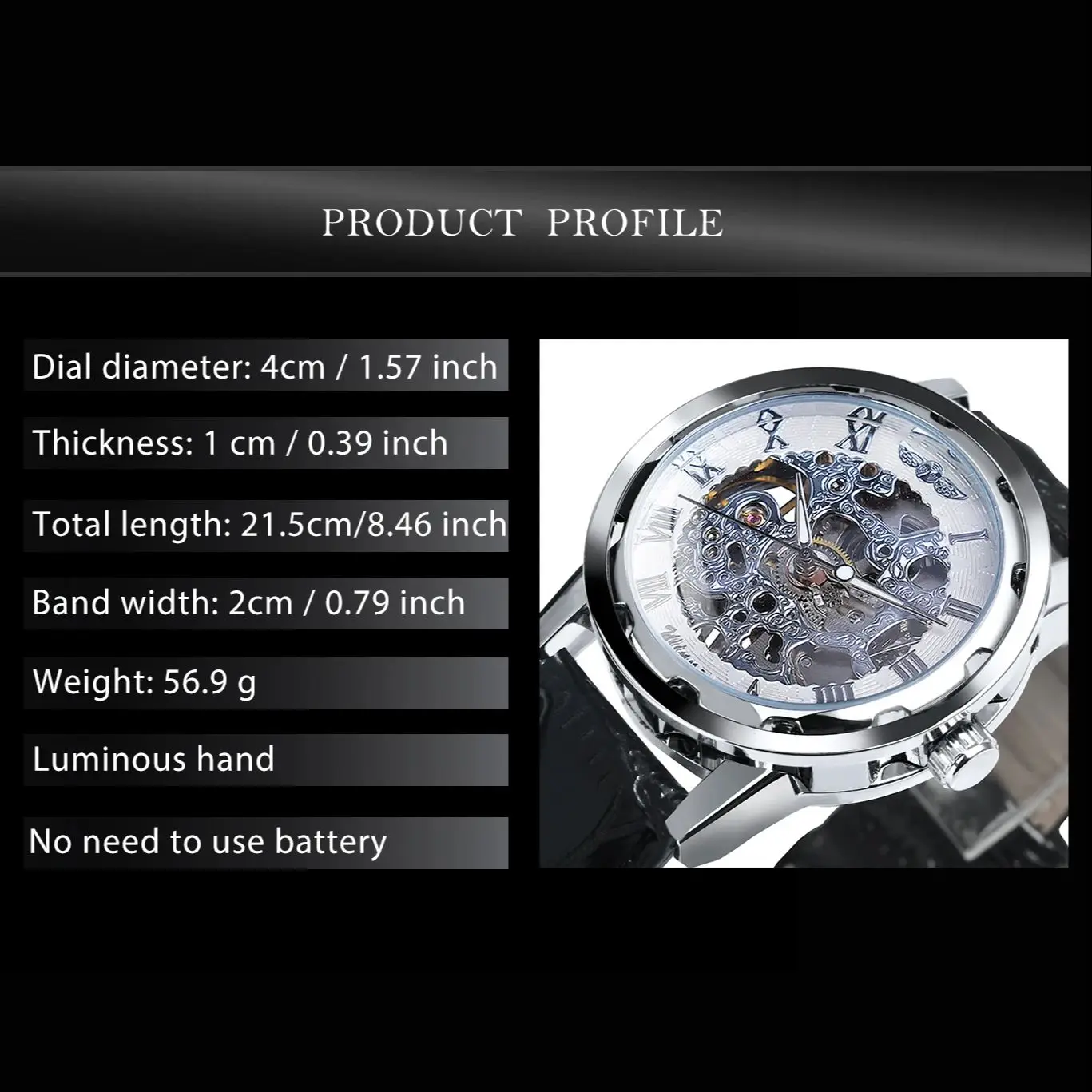 ساعات ميكانيكية كلاسيكية شفافة بهيكل عظمي من WINNER، عقارب مضيئة، ساعة فضية بيضاء ريترو فاخرة للرجال، حزام جلد أسود #6