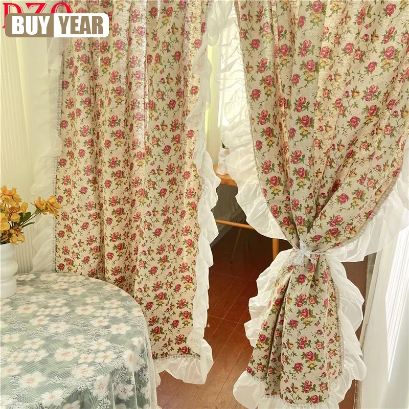 

Idyllic French Red Flowers Curtains Cloth For Living Room Warp Ruffled Curtains For Kitchen Wave Sides Rose Curtains For Bedroom