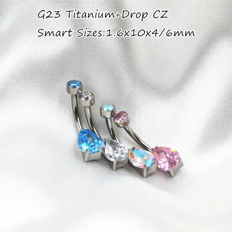 10PCS Body Jewelry-G23 Titanium Drop CZ Smart Navel Belly Button Body Piercing 14Gx10x4/6mm Navel Curve Barbells Belly Rings New