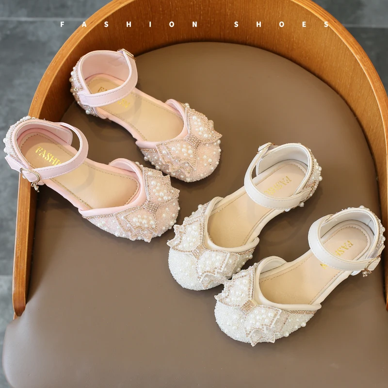 

Girls Half Sandals Soft Sole Children Toes Capped Rhinestone Princess Shoes with Bow-knot Fashion Kids Crystal Pearls Shoes