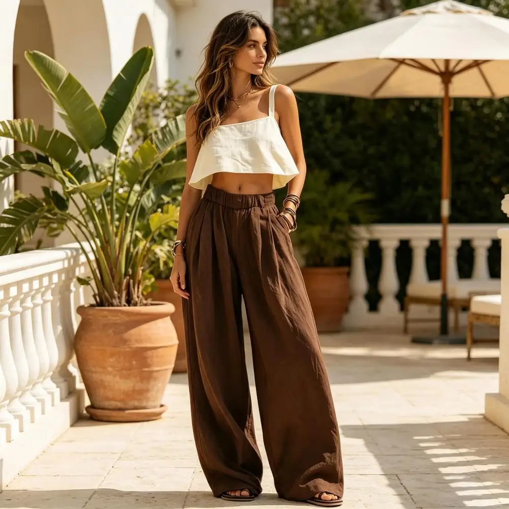 Soft Women Pants Women Wide Leg Pants Elastic Waist Loose Trousers with Pockets Pleated Palazzo Pants for Spring Fall Comfort