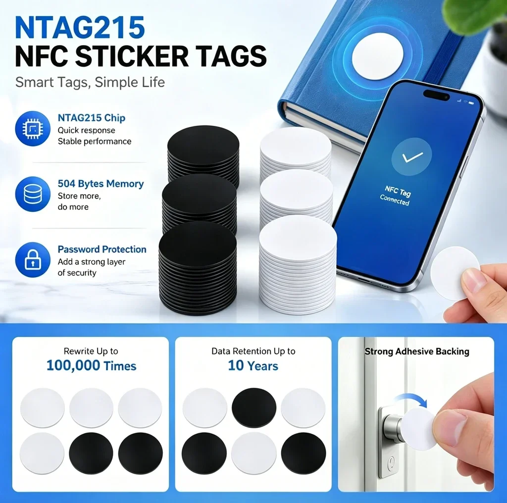25mm NFC Tags NTAG215 Waterproof Round PVC NFC Cards Black White 504 Bytes Rewritable NFC Tag for Smart Home Automation