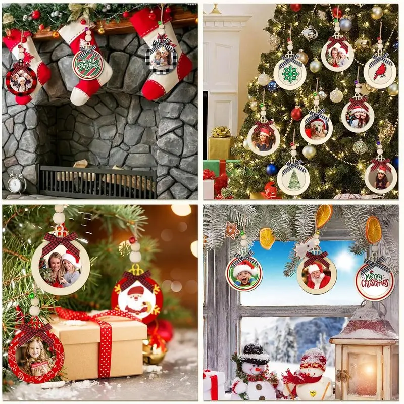 12/24‑Pack Unfinished Wooden Christmas Photo Frame Ornaments, DIY Blank Personalized Wood Hanging Pendant, Hand‑Paint Craft